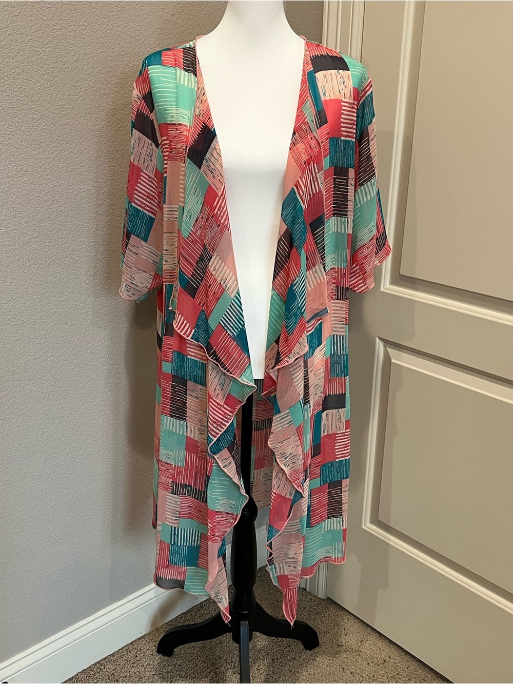 LuLaRoe Shirley - Teal, Coral & Black Geometric Print